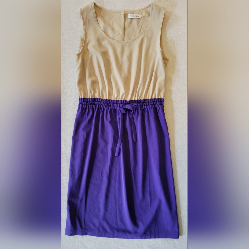 Calvin Klein Sleeveless Dress, Cream And Purple Size 2 Excellent Condition